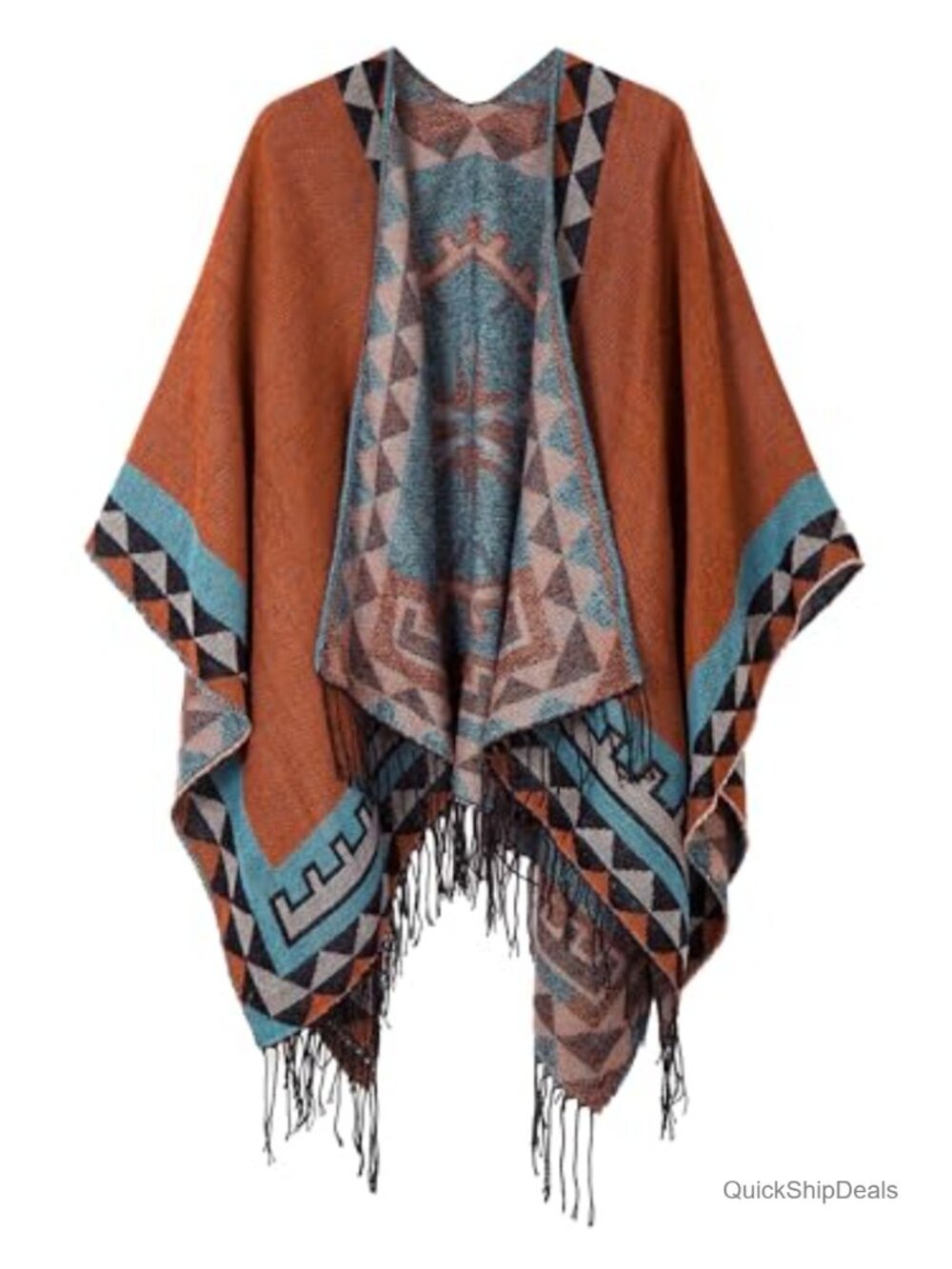 Open Front Poncho Shawl Wrap Western Printed Tassel